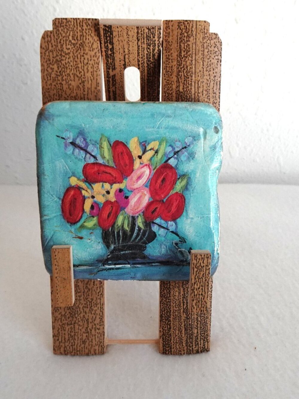 Floral Flowers in Vase Ceramic Painted Tile with Standing Easel Display Handmade